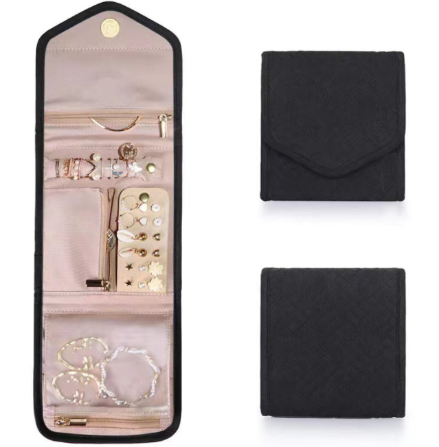 Travel jewelry roll – Black, open and folded