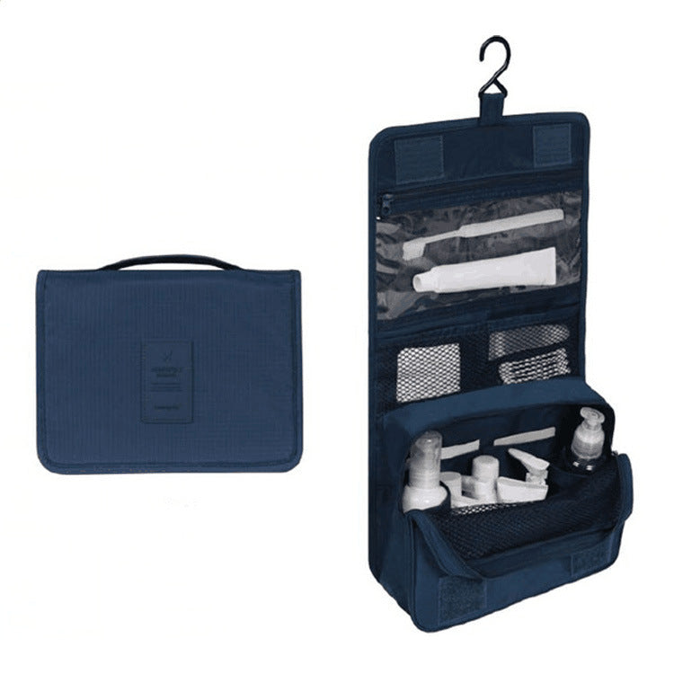 Hanging travel toiletry bag – Navy, closed and open on hook