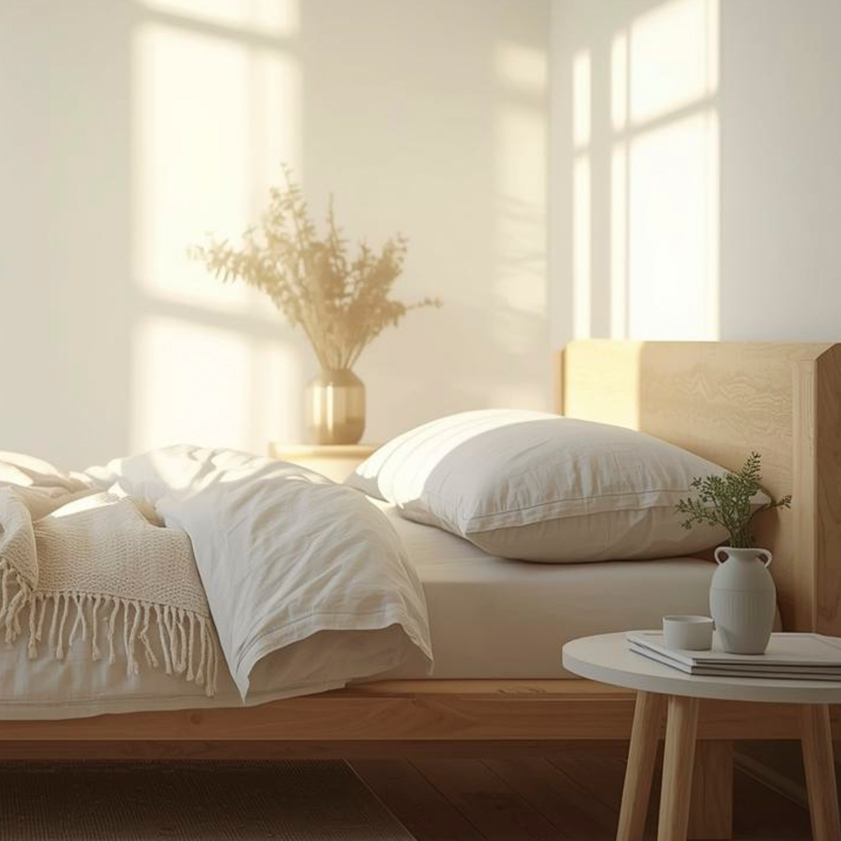 Sunlit bedroom with white linen bedding, wood headboard, and ceramic vase on a bedside table