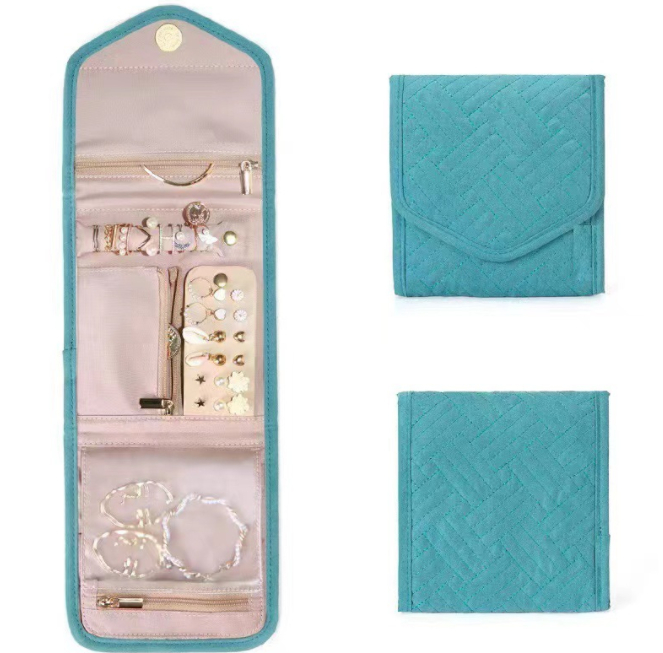 Travel jewelry roll – Teal, open and folded